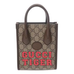 구찌 인터로킹 G 미니 토트 GUCCI TIGER 베이지 / 브라운 671623 여성 GG 스프림 캔버스 가죽 토트 백