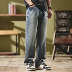 メンズ ファッション 服  オシャレ シンプル 大 かっこいい 大きいサイズ ストリート 紳士服  春秋 ジーンズ ストレート ライト ブルー パンツ ワイド レッグ カジュアル ウォッシュ