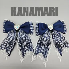 [038]レースリボンのヘアクリップ2個セット（紺）40mmサテンリボン、ハンドメイド、ラインストーン付き