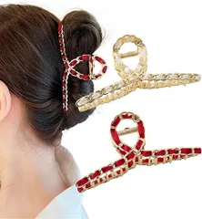 Herbeluemily(ハベルミリィ) ヘアクリップ ヘアクロー ダッカール バンスクリップ 髪留め ゴールド リボン 2個セット(オフホワイト+レッド)