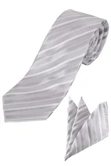 2次会 パーティー ネクタイ 洗える メンズ フォーマル 礼服 グレー シルバー 2点セット(ネクタイ+チーフ 白 セット ネクタイ＆チーフ 結婚式 [ロイヤルコード]