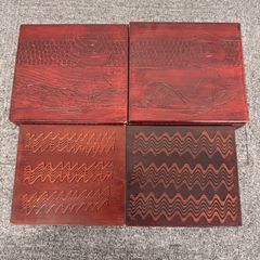 木製 漆器 赤茶色 彫刻装飾 2段重箱 2セット