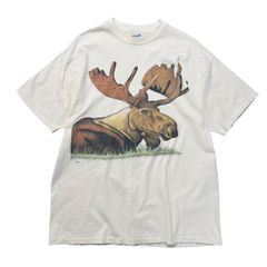 【XL】古着 90s USA製 ヘラジカ 鹿 Tシャツ アニマル アート ヴィンテージ シングルステッチ ホワイト 生成り
