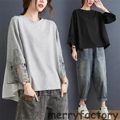 トップス Tシャツ 七分袖シャツ プルオーバー レディース 袖レース 綿 2色 Uネック 不規則 きれいめ ゆったりとしたシルエット さりげなく