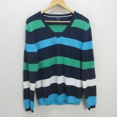 G■トミーヒルフィガー/TOMMYHILFIGER Vネックボーダーニット/コットン【L】紺青緑/men's/45【中古】■