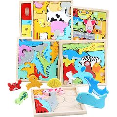 OTONOPI 木製パズル 型はめパズル 形合わせ 木製おもちゃ 6種類 知育玩具 子供用 脳トレ モンテッソーリ教育法 バランスゲーム 動物 恐竜 乗り物 数字 クリスマス プレゼント ６板セット 6歳以上…