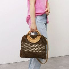 【COOCO】ラタン丸ハンドル×ペーパー2WAY ショルダー　カゴバッグ かごバッグ　ブラウン