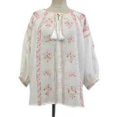 ベイフロー BAYFLOW ブラウス カットソー プルオーバー スリットネック リボン 刺繍 シアー 透け感 七分袖 2 白 赤 ホワイト レッドのサムネイル