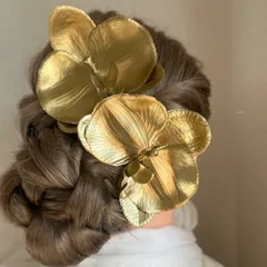 胡蝶蘭髪飾り　ゴールド　成人式　和装前撮り　振り袖　着物　和装小物　結婚式　卒業式　ヘッドドレス　ヘアピン　ヘアアクセサリー　ヘアパーツ