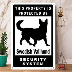 雑貨【Swedish Vallhund/スウェーディッシュ・ヴァルフント】  Dog ドッグ  犬    メタルポスタ―　Security  セキュリティー 警告  ヤードサイン メタルプレート  ブリキ看板  -200