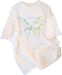 bubu o_hana(ブブ オーハナ) Tシャツ ゆったり 大きめ フロント バタフライ フラワー プリント カジュアル 背面 無地 レディース 女性 用 春 夏 秋 冬 服 半袖 トップス 体型カバー オーバー サイズ(ホワイト,  M)