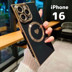 iPhone16  ハート magsafe対応 マグセーフ 黒 スクエア ケース