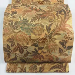 【美品】 袋帯 秀品 服部織物 落款 こはく錦 草花 蝶 箔 薄茶色 六通 正絹 【中古】