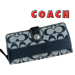【美品】COACH コーチ　長財布　シグネチャー　ブラック　ラウンドファスナー