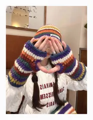 ニット グローブ 指なし手袋 ハンドウォーマー スマホ対応 花柄 リーフ編み ショート フェイクファー 秋冬 防寒 かわいいjinhe27