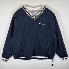 古着 チャンピオン Champion ナイロンジャケット プルオーバー  刺繍ロゴ Vネック ピステ 大きいサイズ XXL  ネイビー メンズ