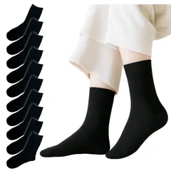 [Toré] 【トレ】 靴下 レディース クルーソックス 綿 厚手 耐久性 10足セット 22-25cm 消臭 抗菌 快適 通気性 速乾 臭わない 春 夏 秋 冬 年中 無地 クルー丈 足首丈 長い 黒 ブラック