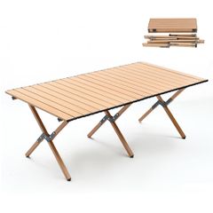 「6ヶ月延長保証」キャンプテーブル 折り畳み アウトドア コンパクト ローテーブル 軽量 木目 アルミ合金 滑り止めキャップ付き 耐荷重150kg 頑丈 耐摩耗 耐熱 120×60×44cm 収納袋付 ベージュ BBQ 登山