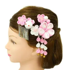 七五三 髪飾り 三歳 七歳 日本髪 つまみ細工 花 2点セット ピンク 薄ピンク 白 うさぎ ちりめん 下がり 藤 鈴 ビラ 玉飾り パ No.12-0124