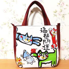 【受注生産】和柄丸みトートバッグ 福徳開運 手描き風猫ちゃん まねき猫手提げバッグ Dカン付き2WAY 手作りバッグ にゃんこ ネコ ハンドメイド