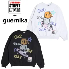 新品 メンズ vision street wear ヴィジョン guernika ゲルニカ コラボ トレーナー スウェット プルオーバー 長袖 アノニマウス イラスト プリント オーバーサイズ 裏起毛 ユニセックス レディース ライトグレー 黒 ブラック