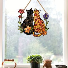壁掛け ステンドグラス サンキャッチャー 猫 キャット 猫と花 フラワー 2Dアート 屋外 屋内 庭 綺麗 可愛い