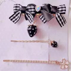 ❤️278ギンガムチェックストロベリークリップピン・ヘアピン3本セット❤️ブラック