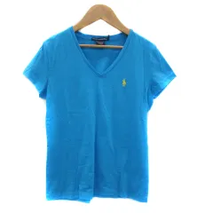 ラルフローレン RALPH LAUREN SPORT Tシャツ カットソー 半袖 Vネック ワンポイントロゴ刺繡 S 水色 ライトブルー 黄色 イエロー /YS22