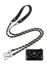 [VEAGIA] ショルダースト ショルダーストラップ バッグ用 チェーンショルダーストラップ ショルダーバッグ ひも バッグ修理 交換用 持ち手ストラップ ショルダースト 単品 ラップ バッグ用 約120cm (レザー(一部) 黒＋銀)