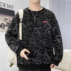 [L]秋冬 コーデ メンズ  服 シンプル ファッション オシャレ 大人 かっこいい 大きいサイズ ストリート 紳士服  ラウンドネック プルオーバー スエード スウェットシャツ プリント トップス 長袖 レイヤリング シャツ