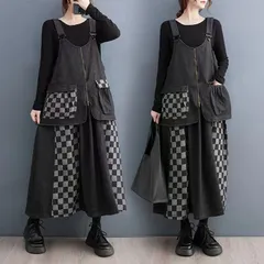 ジャンパースカート チェック柄 切り替え デニム サロペット スカート ワンピース デニム ロング丈 オールインワン 重ね着風 大人 オーバーオール ポケット付き ゆったり 大きいサイズ カジュアル 体型カバー LWEA141(フリー)