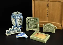 彷古 古染付 志手原焼 万古長春 壽字文茶碗（三田焼 王地山焼） 彷古