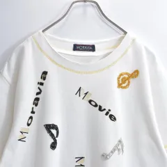 90s MORAVIA モラヴィア スパンコール刺繍 音符 アート デザインTシャツ カットソー ミュージック テキストロゴ ヴィンテージ ビンテージ 古着 ホワイト メンズ M相当