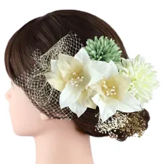 髪飾り 成人式 振袖 前撮り 袴 花 7点セット ゴールド 白 緑 カスミソウ レース リボン パールビーズ 和装 大人可愛い 粋 日本 No.12-0921