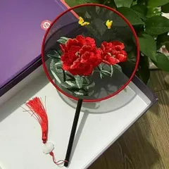 高級団扇　うちわ　両面刺繍　ししゅう　扇子　シルク素材　上品手芸　中国伝統刺繍　赤牡丹④
