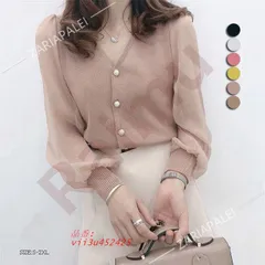 シャツ シャツブラウス ブラウス トップス 前開き レディース 春秋 きれいめ 長袖 パフスリーブ 大きいサイズ ベーシック シフォン Vネック カジュアル風 無地  vii3u452425