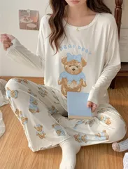 ルームウェア 上下セット パジャマ 部屋着 セットアップ ホワイト プレゼント 可愛い 長袖 くま クマ