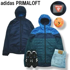 【美品】 アディダス adidas プリマロフト PRIMALOFT リバーシブル フーデット ウィンド ジャケット キルティング 中綿 L ブルー x ネイビー x グリーン メンズ