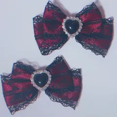 レースリボン ヘアクリップ ブラック ダークレッド赤♡量産型地雷系ハンドメイドゴスロリ推し活カラーヘアメ黒ハート