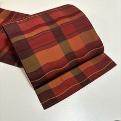 ★美品　洒落袋帯　波線　正絹　赤・茶色★ r080