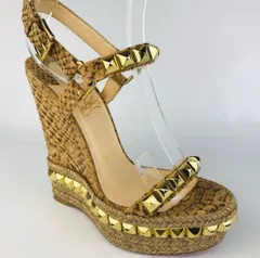 美品★Christian Louboutin・クリスチャンルブタン レディース カタクロウ レザー パイソン柄 スタッズ ウェッジソール エスパドリューユ サンダル（34）