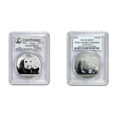 [保証書・スラブ付き] 2011年 (新品) 中国「パンダ」純銀 1オンス 銀貨 MS70 (ランダムラベル)