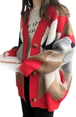 Lilly chocolate ニットカーディガン レディース 秋冬 ざっくりニット ゆるニット ゆるニットカーディガン 厚手 体型カバー 細見え 着やせ 着痩せ ビジネス カジュアル(レッド,  Free Size)