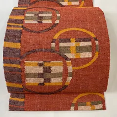 名古屋帯 美品 優品 松葉仕立て 八寸名古屋帯 丸文 幾何学 朱色 正絹 【中古】
