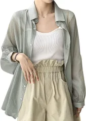 WEARBIE ウェアビーボリュームスリーブ シアーシャツ 羽織りブラウス 長袖 薄手 透け感 レディース 襟付き ボタン 無地 清楚服 カットソー シャツイン シフォン 長袖コーデ 着心地 通学(ライトカーキ,  M)