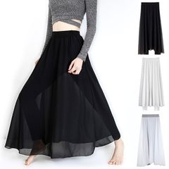 ダンス衣装 スカート付きパンツ レギンス パンツ 黒 体型カバー シフォン