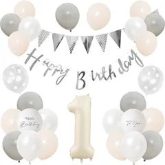 【新品】 Lausatek バルーン 誕生日 1歳 風船セット HAPPY BIRTHDAY バースデー ガーランド バースデー 飾り付け 装飾 数字 サプライズ お祝い イベント 子ども 男の子 女の子 グレー ホワイト 0