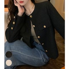 ゴールドボタン 韓国ファッション 秋服 ノーカラー ツイードジャケット Mサイズ