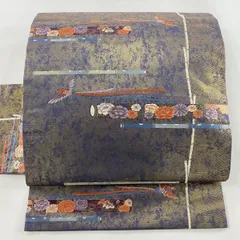 名古屋帯 優品 花鳥 笛 唐織 箔 紺色 正絹 【中古】