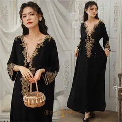 マキシワンピース レディース ワンピ Vネック ロングワンピース 刺繍ワンピース 七分袖 マキシ丈 スリット ゆったり 体型カバー 大きいサイズ 着やせ キレイめ おしゃれ ボヘミアン リゾート 海 30代 40代 春 夏 xzjhacm#